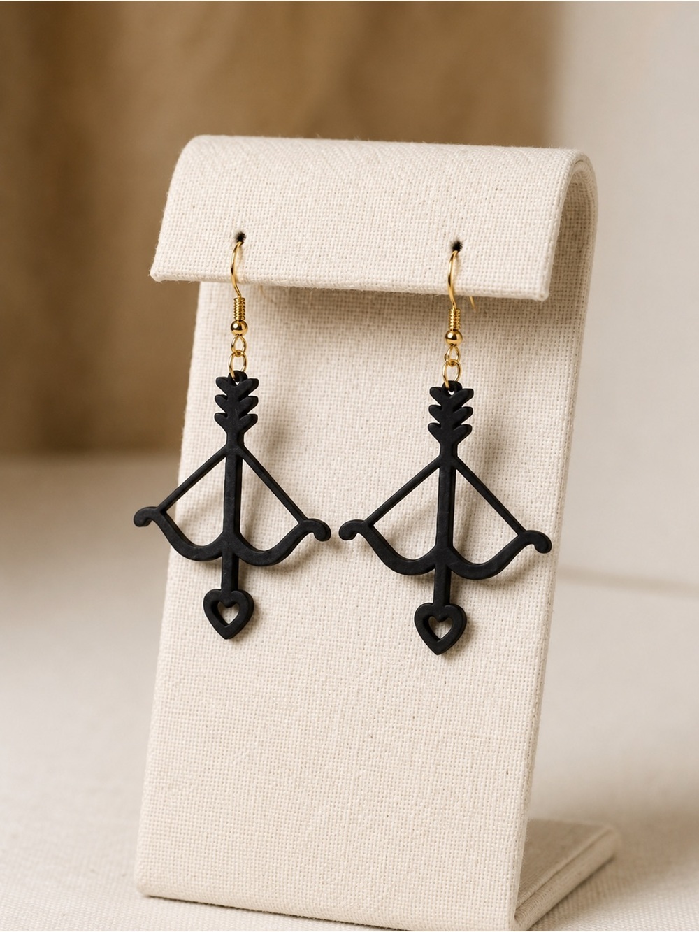 3D Printed Black Heart Arrow Dangle Earrings - Picture 2 of 2
